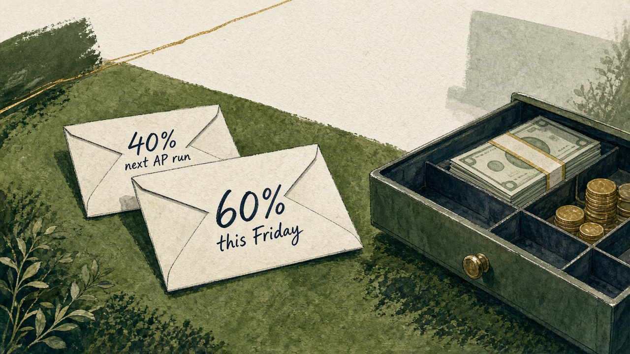 Two envelopes labeled 60% this Friday and 40% next AP run sliding toward an open cash drawer.